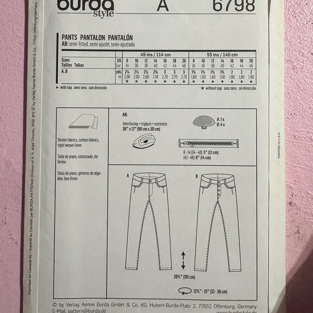 BN UNCUT BURDA 6798 MISSES PANTS SEWING PATTERN